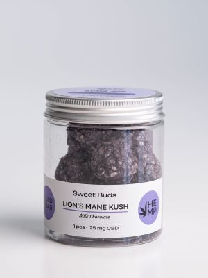 Банка Sweet Buds Lion's Mane Kush 100g 25 mg CBD та 0,5гр Їжовик з молочного шоколаду